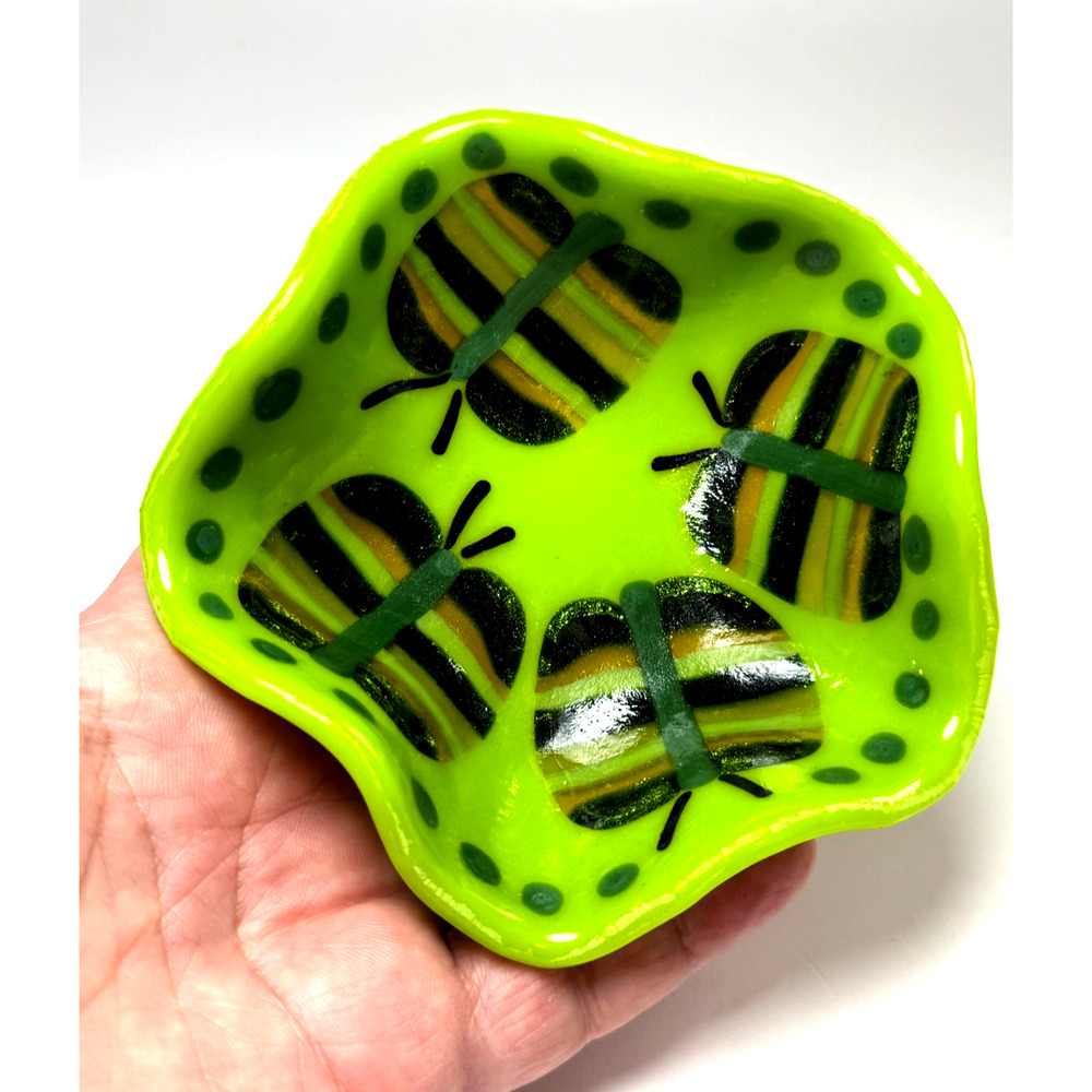 OOAK Small Fused Art Glass Trinket Dish Bowl Lime Green Butterfly Insect Groovy
